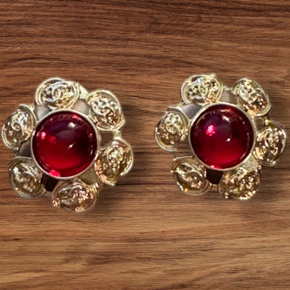 Designer Inspired, Simulated Red Ruby Gemstone Goldtone Vintage Style Earrings
